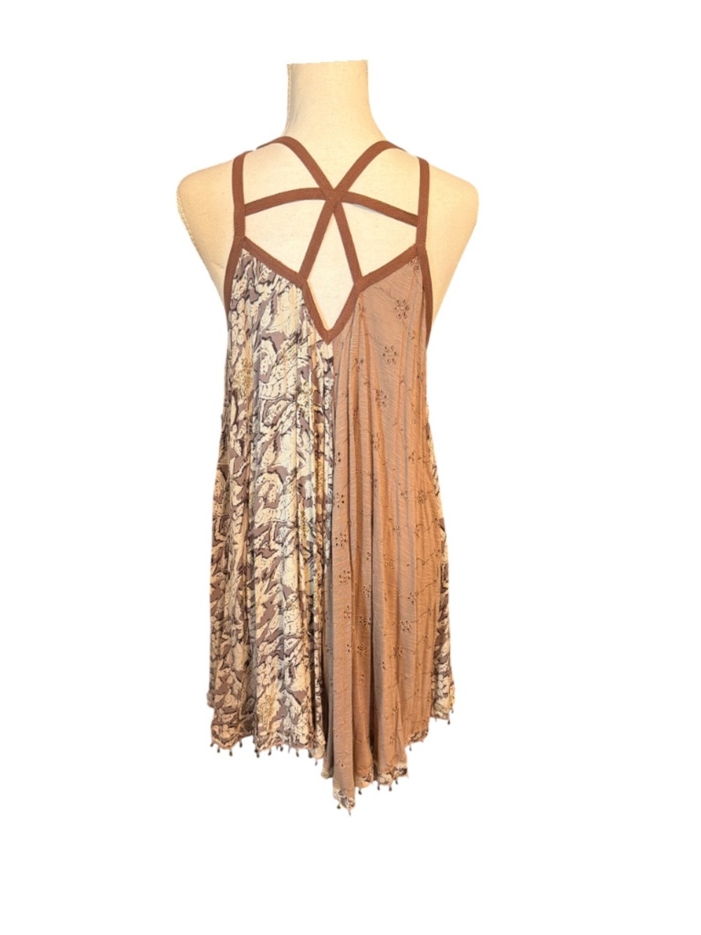 Free People Boho Patchwork Swing Dress Crochet Strap Tunic M - Picture 3 of 5